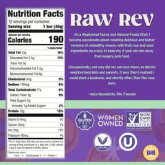 Raw Rev Glo bar on plate ready snack with protein and fiber support during busy days.