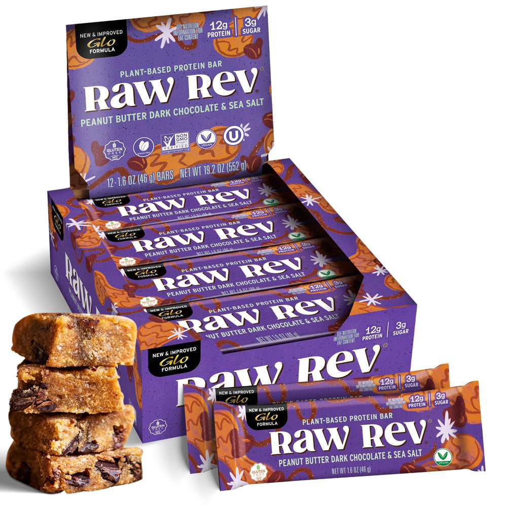 Raw Rev Glo packaging bar emphasizing plant-based protein for on-the-go energy.