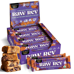 Raw Rev Glo packaging bar emphasizing plant-based protein for on-the-go energy.