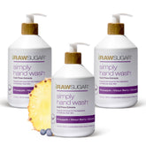 RAW SUGAR 3-pack display shows moisturizing hand soap trio for daily use
