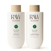 Raw Sugar Scalp Restore Shampoo bottle shows refreshed scalp and fuller-looking hair.