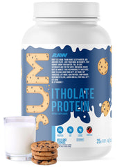 RAW Whey Isolate Milk & Cookie tub front showing premium protein support for workouts.