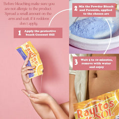 Rayitos de Sol powder bleach and peroxide mix ready for quick preparation.