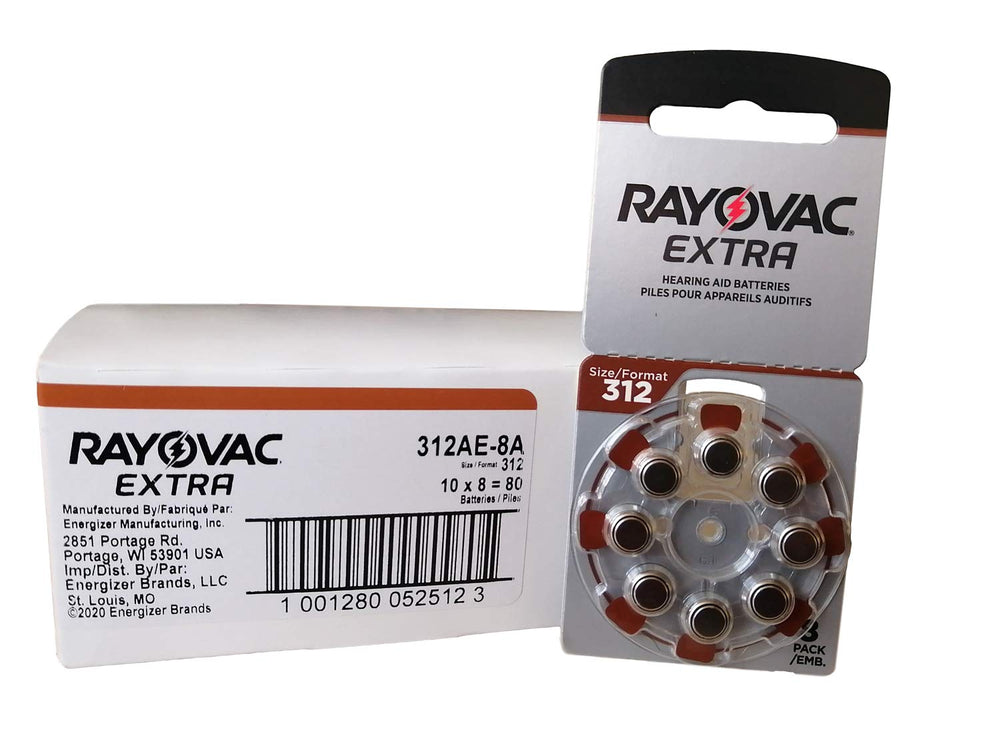 Rayovac Size 312 mercury-free hearing aid batteries in a sealed pack for reliable power.