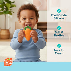 RaZbaby Carrot Teether made from BPA-free silicone, safe for chewing.