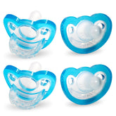 RaZbaby JollyPop blue pacifier close-up highlighting soft silicone and orthodontic design