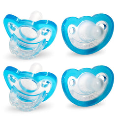 RaZbaby JollyPop blue pacifier close-up highlighting soft silicone and orthodontic design