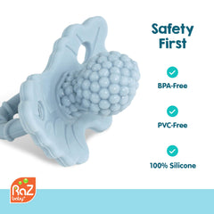 RaZbaby Razberry teether uses BPA-free silicone for safe teething.