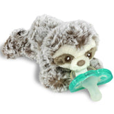 RaZbaby Sloth RaZbuddy pacifier holder with plush companion for on-the-go comfort.