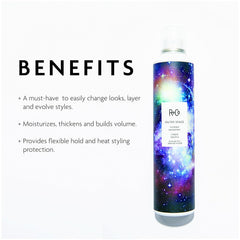 R+Co Outer Space Light Spray bottle close-up highlights memory-based hold for versatility.