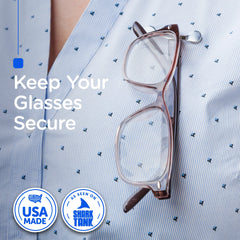 Readerest clip-on eyeglass holder on shirt provides easy access to eyewear