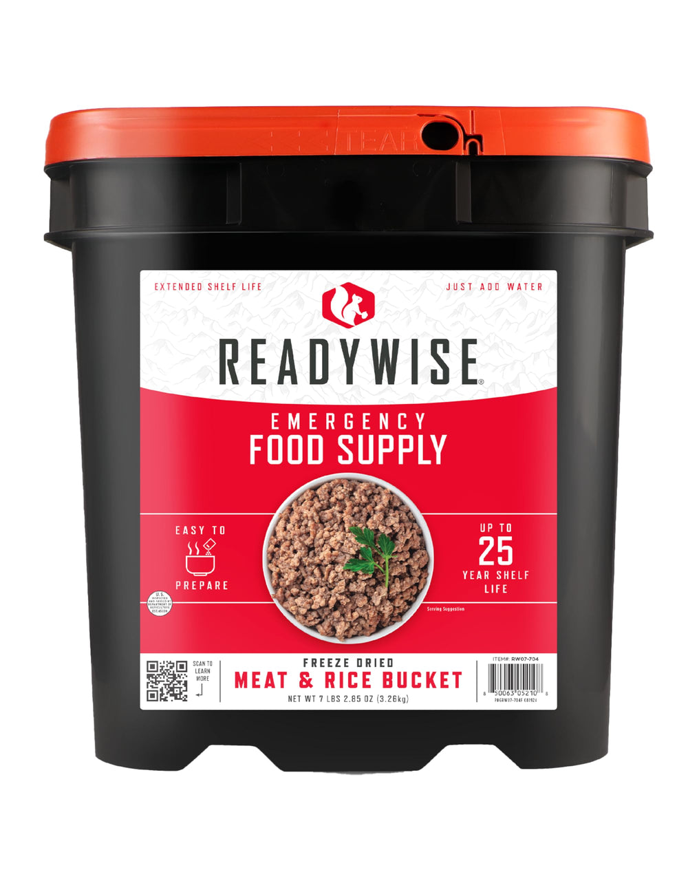 ReadyWise emergency food bucket with 88 servings ready to hydrate for quick meals