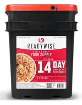 ReadyWise emergency food bucket showing stackable storage for easy pantry organization.
