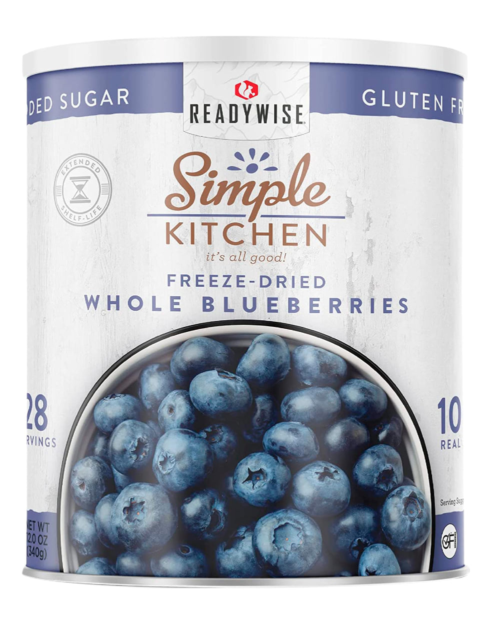 ReadyWise freeze-dried blueberries in a can closeup, highlighting long shelf life and pantry readiness.