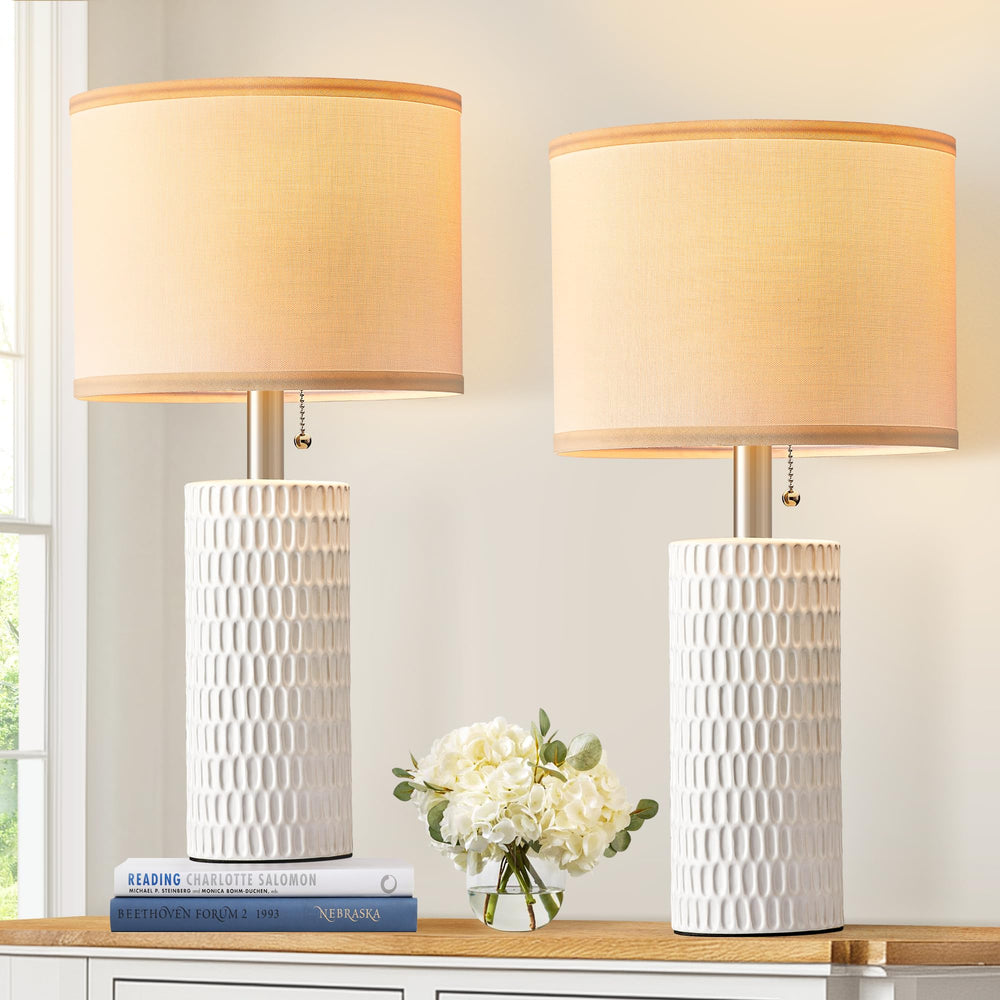 Reaketon 20-inch ceramic table lamps in white, set of 2, ideal for bedrooms and desks.