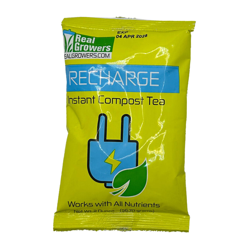 Real Growers Recharge bottle pour demonstrates root-friendly application.