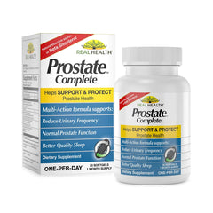 Real Health Prostate Complete bottle label with full-spectrum formula for daily support
