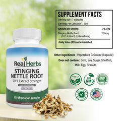 Real Herbs capsules close up showing 750 mg full spectrum nettle extract