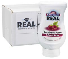 Real Infused Exotics Raspberry Puree Syrup bottle front view ideal for cocktails and desserts.
