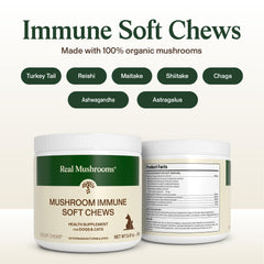 Real Mushrooms Immune Pet Chews cat serving illustrates weight-based dosing for daily pet support