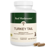 Real Mushrooms Turkey Tail Pets bottle; organic extract for daily balance.