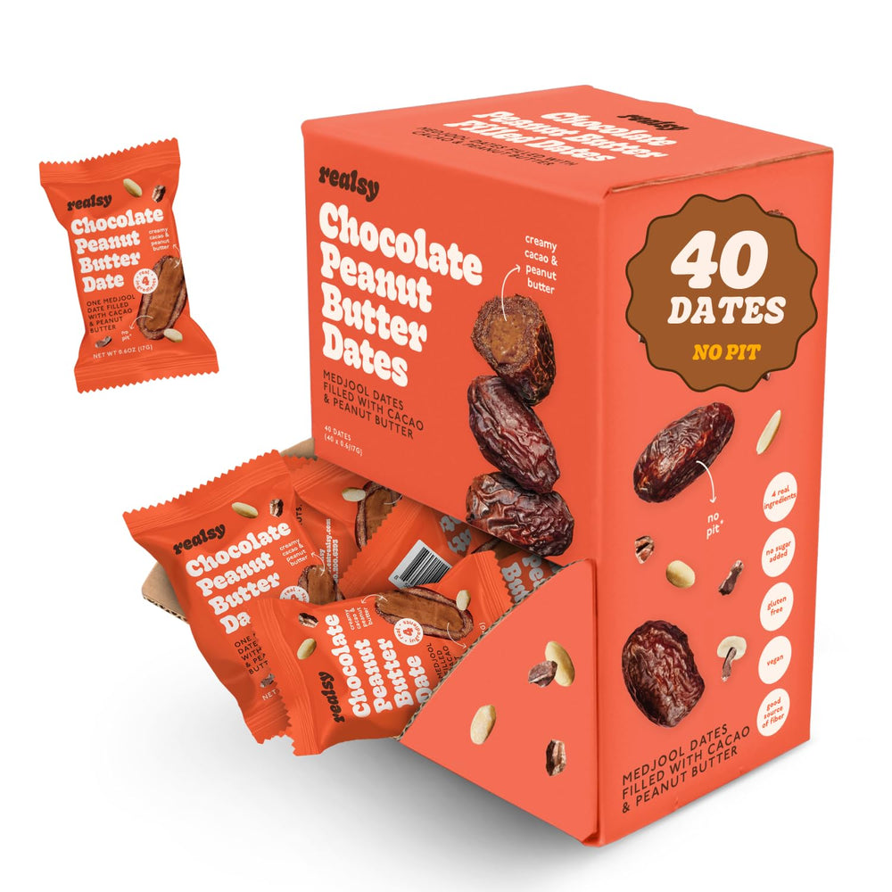 Realsy stuffed dates with chocolate peanut butter, ready-to-eat on the go.