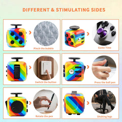 RE:BLEU fidget cube showing rotate and button actions for mindful sensory input.