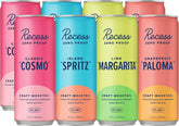 Recess zero-proof mocktails bottle label highlights natural ingredients for a refreshing alcohol-free option.