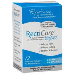 RectiCare medicated wipes shown in a discreet on-the-go pack.