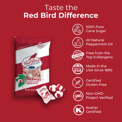 Red Bird peppermint candy features pure cane sugar and peppermint oil for flavor.