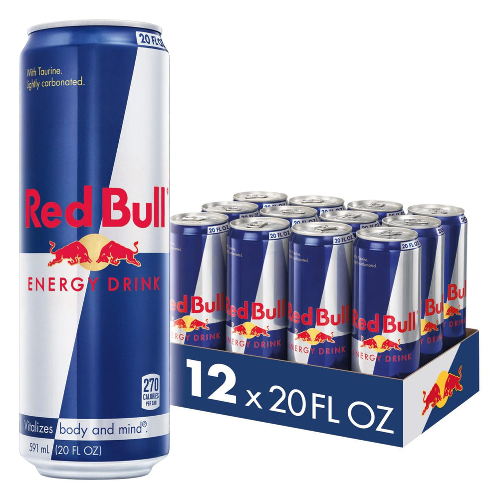 Red Bull 20oz can front view for sustained focus during study or work.