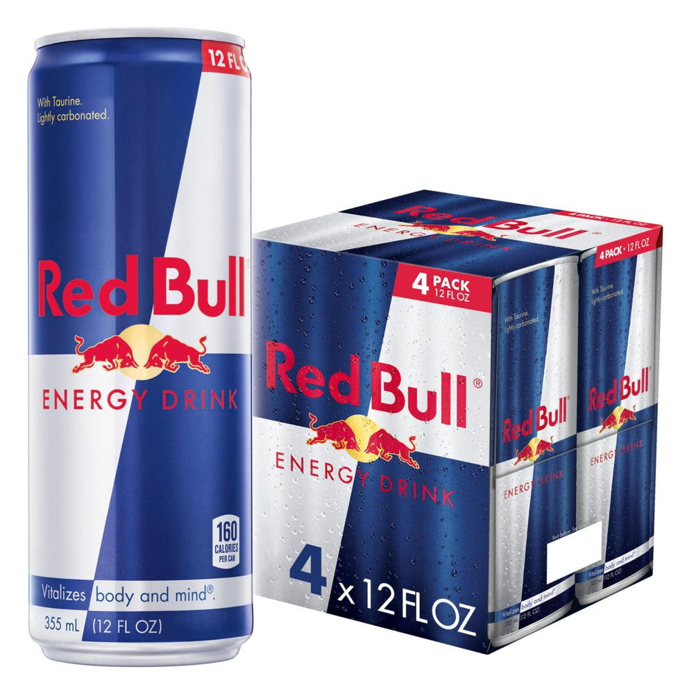 Red Bull energy drink can front view highlighting caffeine and taurine for alertness.