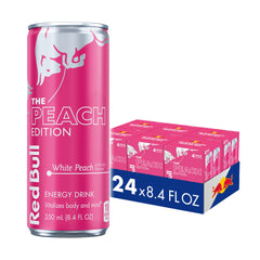 Red Bull Peach Edition can front view with white peach flavor for on-the-go energy