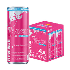 Red Bull Peach Edition Sugarfree can front view energized for workouts.