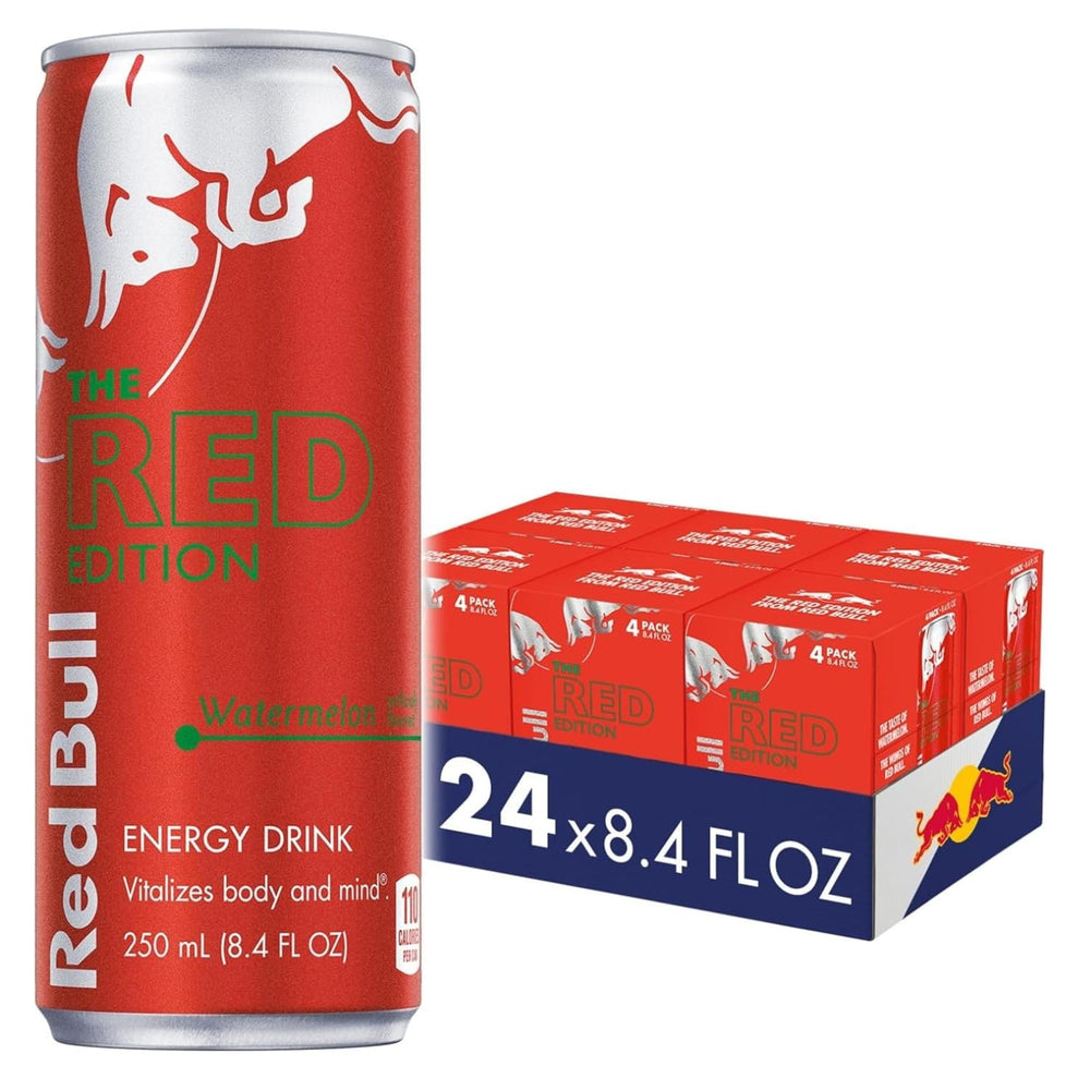 Red Bull Red Edition Watermelon can on a desk, ideal for focused study boosts.