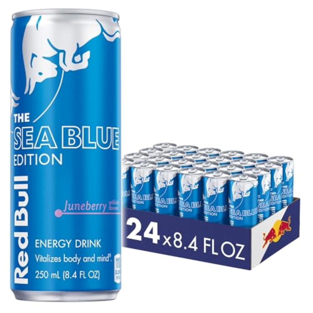Red Bull Sea Blue Edition can front view showing compact energy boost