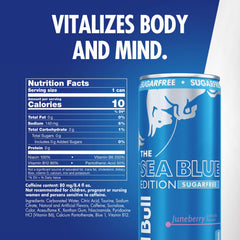 Red Bull Sea Blue Edition Sugar Free Berry can side view highlighting compact can design.