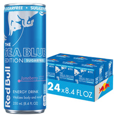 Red Bull Sea Blue Edition sugar-free can front, ready to boost your busy day.