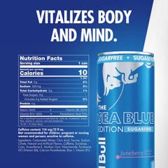 Red Bull Sea Blue Edition Sugar Free Juneberry can side view for on-the-go refreshment.