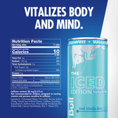 Red Bull Sugar Free Iced Vanilla Berry can on shelf emphasizes sugar-free refreshment