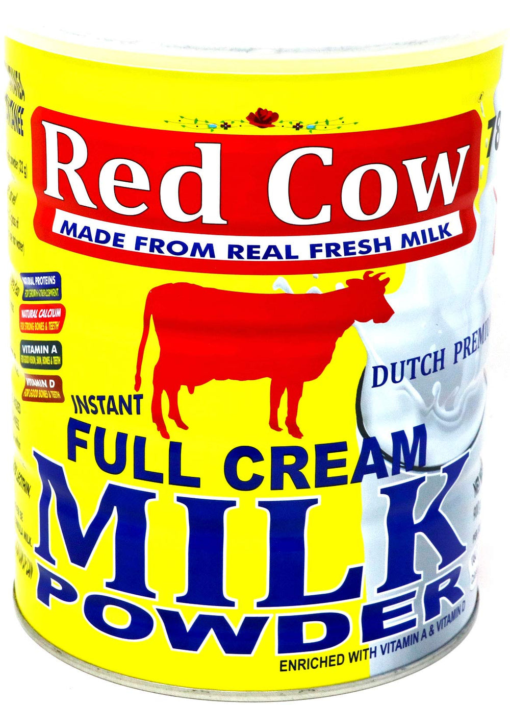 Red Cow full cream milk powder packaging showcases Dutch premium quality for everyday use.