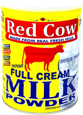 Red Cow full cream milk powder packaging showcases Dutch premium quality for everyday use.