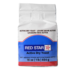 Red Star Active Dry Yeast 16 oz label in vacuum-packaging preserves freshness for baking.