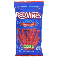 Red Vines Twists Original Red 128g pack shot, ideal for snacking and movie nights.