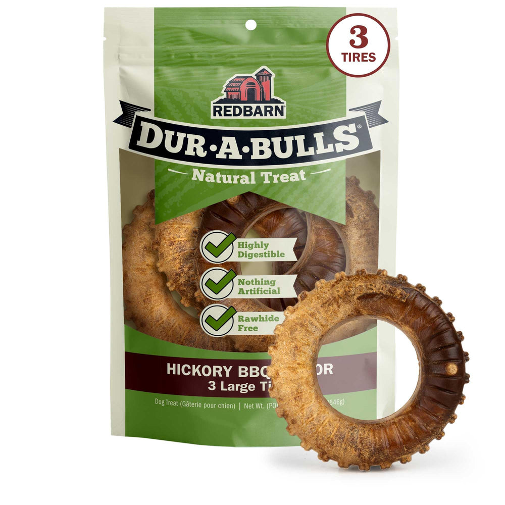 Redbarn Dur-A-Bulls three tires with hickory flavor for durable dog chewing.