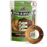 Redbarn Dur-A-Bulls three tires with hickory flavor for durable dog chewing.