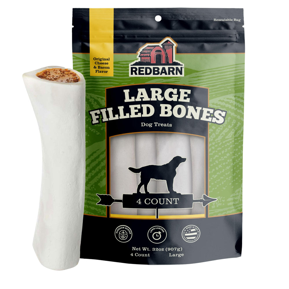 Redbarn filled bone exterior with cheese and bacon offers a long-lasting chew experience.