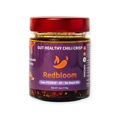 Redbloom gut-healthy chili crisp bottle showing premium quality and versatility.