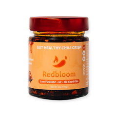 Redbloom Gut-Healthy Chili Crisp bottle highlighting organic oils and premium ingredients to elevate meals