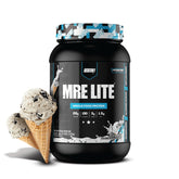 Redcon1 MRE LITE cookies & cream canister showing lactose-free, high-protein nutrition for busy days.